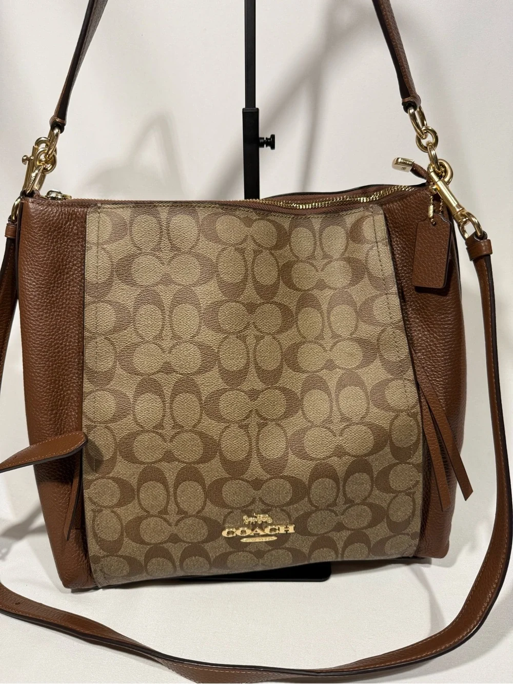 Coach Brown Signature Canvas and Leather Shoulder Bag with Gold Hardware